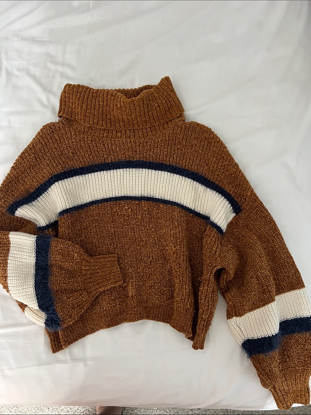 Women Brown Cropped Turtleneck Sweater with Cream and Navy Stripes